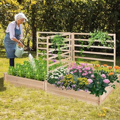 Giantex Raised Garden Bed with 3 Trellises, 88"x45"x43" Wooden Planter Box with 2 Growing Section, Outdoor Elevated Garden Bed for Vegetables Flowers Herbs & Climbing Plants Cucumber, Easy Assembly