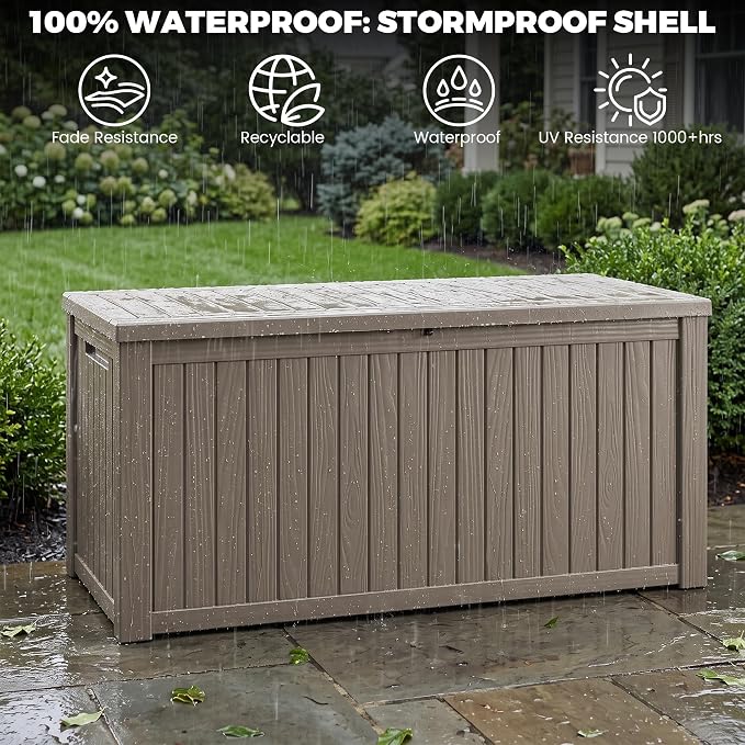 Outdoor Storage Box, 200 Gallon Waterproof Deck Box [Upgraded 3.1], Large Resin Storage with Hydraulic Lifts for King Cushions, Heavy Duty Lockable Bench Seat, Pool Deck, Grey