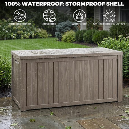 Outdoor Storage Box, 200 Gallon Waterproof Deck Box [Upgraded 3.1], Large Resin Storage with Hydraulic Lifts for King Cushions, Heavy Duty Lockable Bench Seat, Pool Deck, Grey
