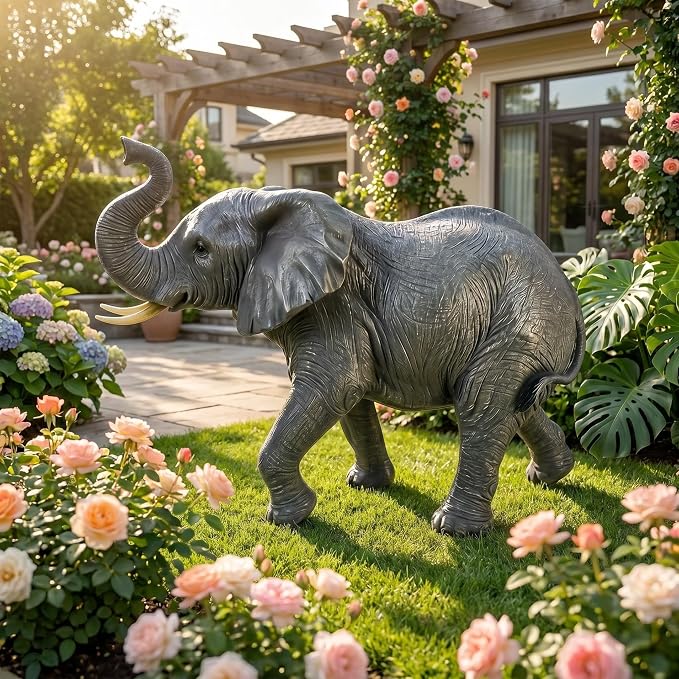 28" Large Elephant Garden Statue with Raised Trunk, Lifelike All-Weather Waterproof Resin Sculpture, Outdoor Yard Patio Lawn Decor, Lucky Feng Shui Ornament, Housewarming Gift