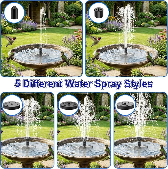 Solar Water Fountain, 2.5 W Solar Bird Bath Fountains with 9.2FT Cable, 5 Nozzles, Outdoor DIY Solar Water Pump Kit for Garden, Ponds, Fish Tank