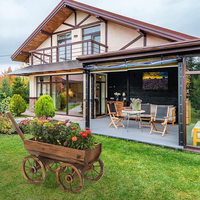 Notume Garden Wooden Decor Rustic Flower Pot,Planters Wagon Indoor Outdoor Backyard Balcony Decor,for Outside Garden Decor Wheelbarrow Planter for Patio (Wooden Wagon)