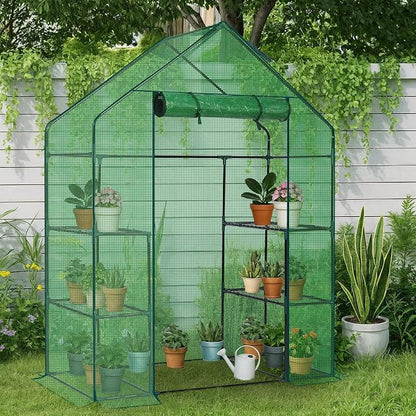 Outvita Walk-in Greenhouse, Outdoor Durable PE Plant Green House for Frost Protection with 3 Tiers 4 Shelves, Shelf Clips, Roll-up Zipper Door, 56"x29"x77" Green