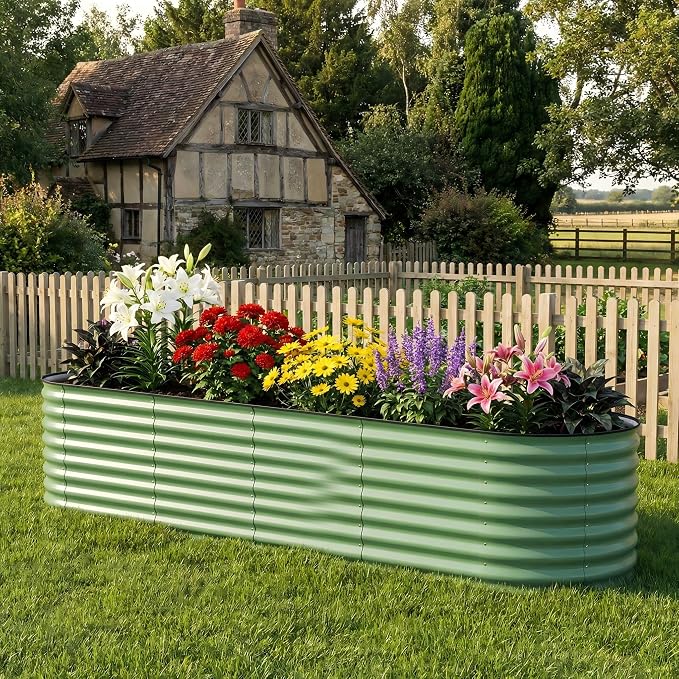 Garvee 8x2x2ft Galvanized Raised Garden Bed, Oval Metal Planter Box with Anti-Cut Safety Edges, 239 Gallons Rust-Resistant Deep Root Planter for Outdoor Vegetables, Flowers, Herbs, Beige