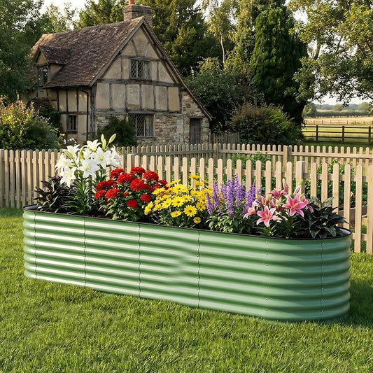 Garvee 8x2x1.5ft Galvanized Raised Garden Bed, Oval Metal Planter Box with Anti-Cut Safety Edges, 179 Gallons Rust-Resistant Deep Root Planter for Outdoor Vegetables, Flowers, Herbs, Green
