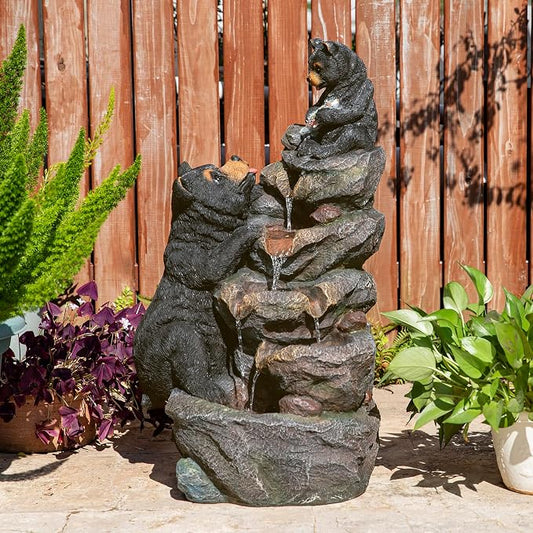 Glitzhome Water Fountain Outdoor, Outdoor Fountain with Lights & Pump, 30.5" H 4-Tiered Mom and Baby Bear Polyresin Cascading Waterfall Floor Standing Water Feature for Garden, Patio, Yard, Deck