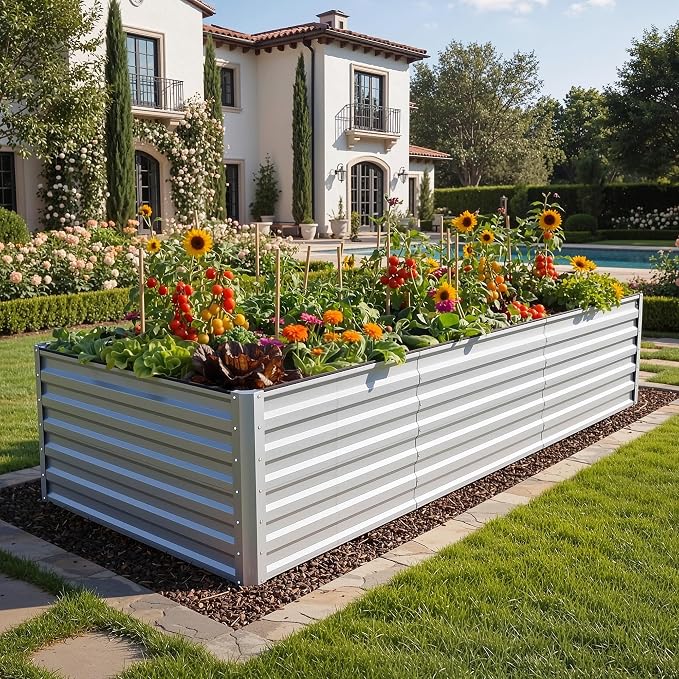 YITAHOME 8x4x2ft Galvanized Raised Garden Bed, Metal Planter Box with Safety Rubber, Gloves, Outdoor Flower Bed for Planting Plants Vegetables, Silver