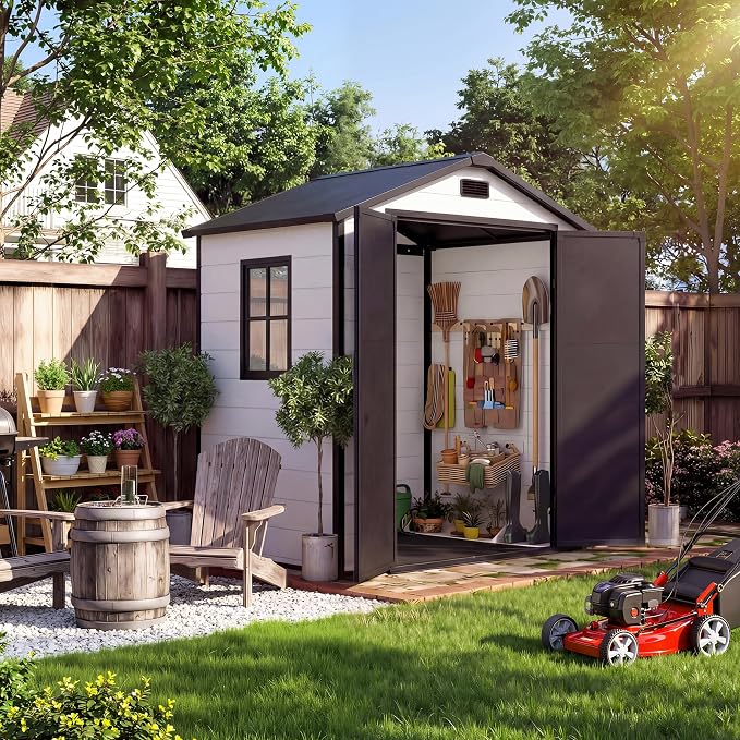 Outdoor Storage Shed with Floor, Plastic Resin Garden Shed with Window & Sloping Roof & Lockable Door for Patio Backyard Garden, Lawn Mower, Bike, Tool Storage (Grayish White + Black, 6' x 4')