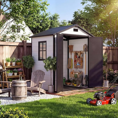 Outdoor Storage Shed with Floor, Plastic Resin Garden Shed with Window & Sloping Roof & Lockable Door for Patio Backyard Garden, Lawn Mower, Bike, Tool Storage (Grayish White + Black, 6' x 4')