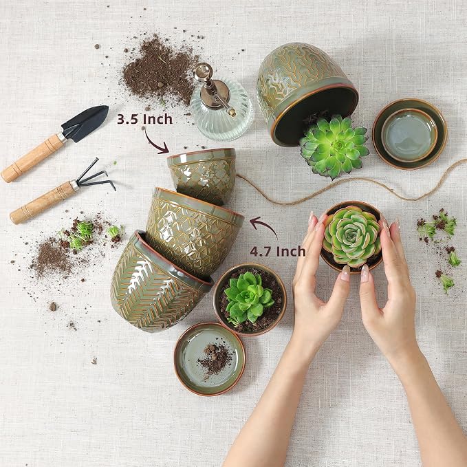 Sureasy Succulent Pots, 3.5 Inch Flower Pots for Indoor Plants, Small Plant Pots with Saucer & Drainage, Decorative Ceramic Planters for Succulent, Cactus, Set of 4, Green