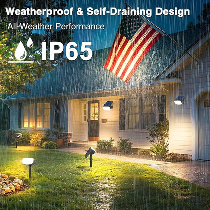 JEJOT Solar Lights Outdoor Waterproof IP65, Super Bright LED with Lens, 3000K 2 Lighting Modes, Solar Powered Yard Garden Solar Spot Lights for Outside Landscape Auto On/Off -2 Pack