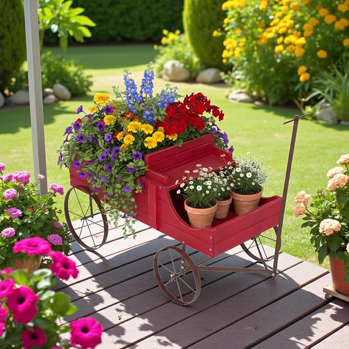 Shine Company Decorative Wagon Garden Planter, Wooden Wagon Yard Décor for Outdoor Plants, Large, Red