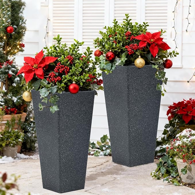 Autodaya 28" Oversized Black Terrazzo-Look PP Tall Planters Set of 2 | Lightweight PP Pots With Drainage Hole for Indoor and Outdoor Plants, Patio, Garden, Porch, Living Room, or Gifting