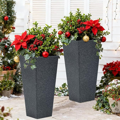 Autodaya 28" Oversized Black Terrazzo-Look PP Tall Planters Set of 2 | Lightweight PP Pots With Drainage Hole for Indoor and Outdoor Plants, Patio, Garden, Porch, Living Room, or Gifting