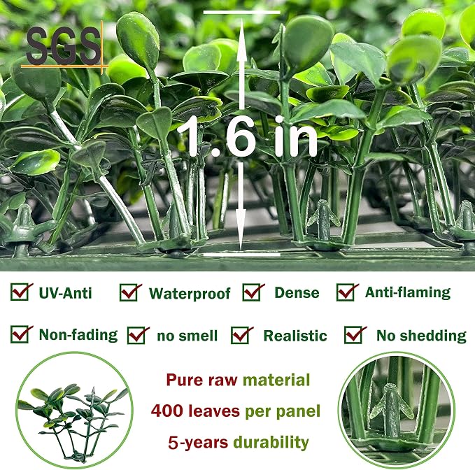 Bybeton 24pk 20x20(66.7sqft) Boxwood Grass Wall UV-Anti Privacy Fence | 24pk 66.7sqft Dense Boxwood Wall. UV-Anti & Fire Retardant. Easy DIY Snap-Lock. For Fence, Balcony, Garden & Backdrop.
