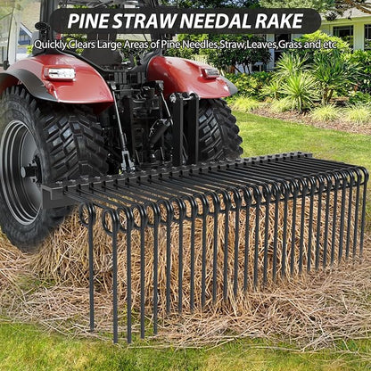 Garvee 60 Inch 3 Point Tractor Rake, Pine Straw Needle Rake, Durable Powder Coated Steel Spring Landscape Rakes Fit for Cat0,Cat1,Black