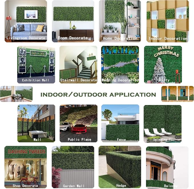 Bybeton Artificial Grass Wall Panel,10"x 10"(12Pcs) Boxwood Faux Green Wall Panels for Interior Wall, Backdrop Wall,Garden Wall and Indoor Outdoor Plant Wall Decor | 12pk Dense Grass Wall Panels. UV-Resistant. Easy DIY Snap-Lock. For Balcony, Fence, Ga...