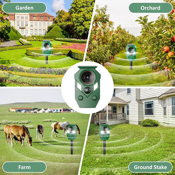 4-Pack Solar Powered Ultrasonic Animal Repeller, Outdoor Waterproof Deer Squirrel with Motion-Activated Sensor Strobe Light, for Cats, Raccoons, Skunks, Rabbits and More