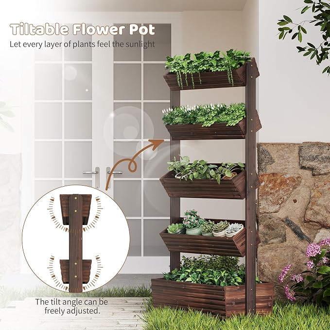 Wooden Raised Garden Bed Vertical Planter Box, Freestanding Plant Stand for Indoor Outdoor Plants, Herbs, Flowers, Vegetables, Gardening (Carbonized, 5-Tier，29.9 x 17.9 x 68in)