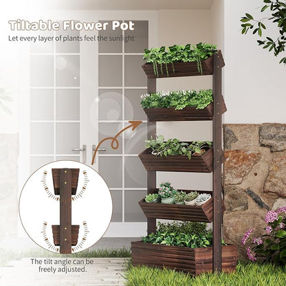 Wooden Raised Garden Bed Vertical Planter Box, Freestanding Plant Stand for Indoor Outdoor Plants, Herbs, Flowers, Vegetables, Gardening (Carbonized, 5-Tier，29.9 x 17.9 x 68in)