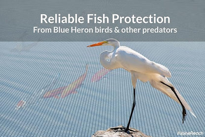 AlpineReach Koi Pond Netting Kit 14 x 14 ft Black Heavy Duty Woven Fine Mesh Net Cover for Leaves - Protects Koi Fish from Blue Heron Birds, Cats & Predators – Reusable & Stakes Included