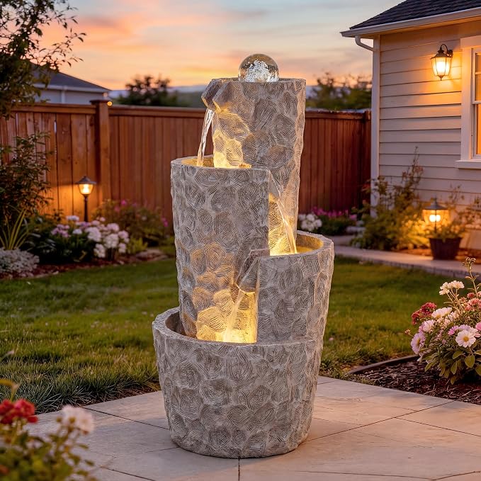 28" 4-Tier Twist Water Fountain with Rotating Crystal Ball, Exclusive Honeycomb Texture, Cascading Waterfalls, Weather-Resistant Outdoor Fountain Creates Tranquil Oasis for Garden Patio | Hammered Texture, Cascading Waterfalls, Weather-Resistant Outdoo...