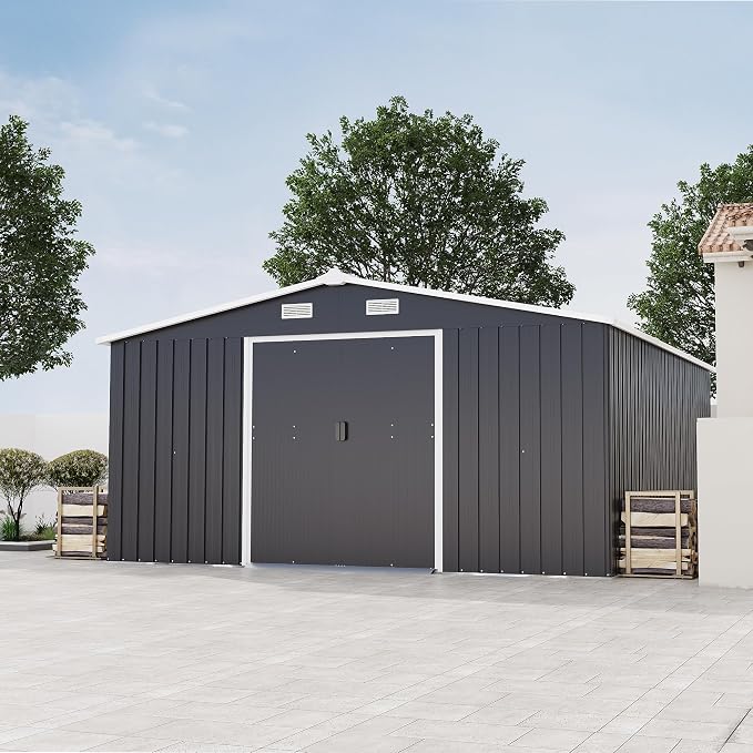 10x12 FT Outdoor Storage Shed Metal Garden Tool Shed with 2 Windows,Waterproof Tool Shed W/Sliding Door & Vents,for Bike Storage,Dark Gray