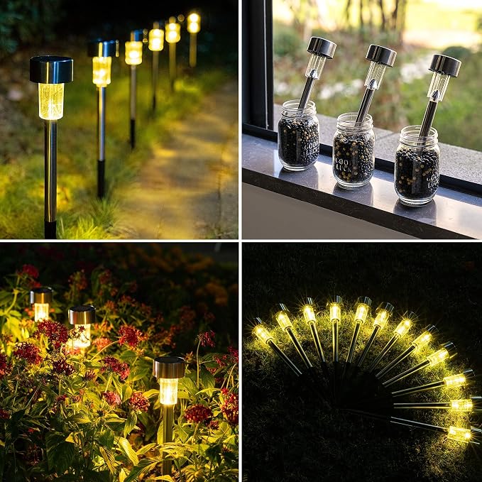 GIGALUMI Solar Pathway Lights, Stainless Steel IP44 Waterproof Auto On/Off Outdoor LED Solar Landscape Lights for Garden, Yard, Patio, Path and Walkway(20 Pack, Warm White)