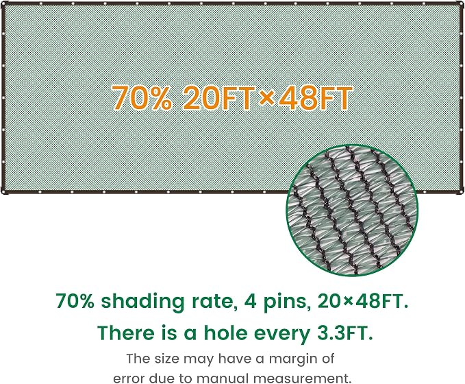 Shade Cloth, 20FT X 48FT 70% Green Outdoor Woven Sun Shade with Grommets, Durable Breathable Netting Shading Antifreezing for Patio, Garden, DIY Home, Plants Cover, Greenhouse, Dog Kennel