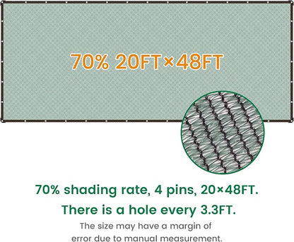 Shade Cloth, 20FT X 48FT 70% Green Outdoor Woven Sun Shade with Grommets, Durable Breathable Netting Shading Antifreezing for Patio, Garden, DIY Home, Plants Cover, Greenhouse, Dog Kennel