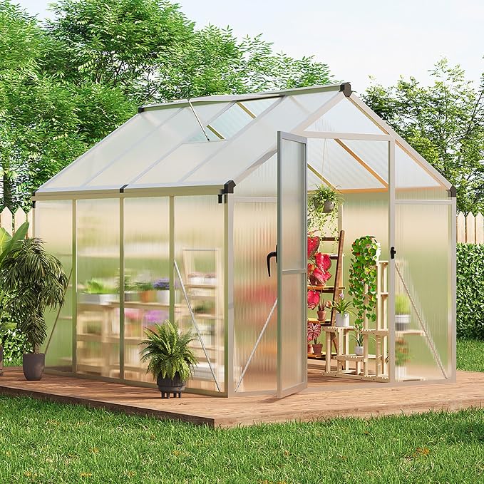 6x8 FT Greenhouse, Greenhouses for Outside, Polycarbonate Greenhouse with Aluminum Frame, Lockable Door and Ajustable Roof Vent for Backyard, Green Houses for Outside Garden Backyard, Patio