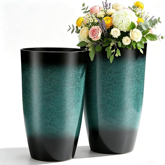 Autodaya 24" Gradient Teal Ceramic-Look Tall Planters Set of 2 | High-Density PP Pots With Drainage Hole for Indoor and Outdoor Plants, Patio, Garden, Porch, Living Room, or Gifting
