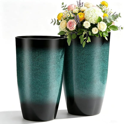 Autodaya 24" Gradient Teal Ceramic-Look Tall Planters Set of 2 | High-Density PP Pots With Drainage Hole for Indoor and Outdoor Plants, Patio, Garden, Porch, Living Room, or Gifting
