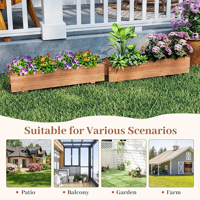HAPPYGRILL Raised Garden Bed, Wood Flower Planter Box w/4 Drainage Holes, Black Liner for Containing Soil, Indoor Outdoor Wooden Plant Container for Backyard, Patio, Balcony (1,44" x 11" x 10")
