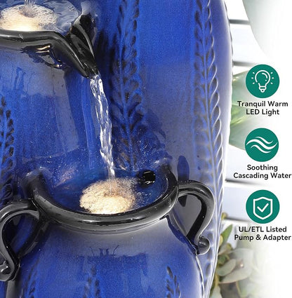 29.5" H Ceramic Outdoor Water Fountain with LED Lights, 3-Tier Vase Cascading Water Feature, Cobalt Blue with Embossed Leaf Patterns, Tranquil Waterfall for Garden, Patio, Yard, or Porch