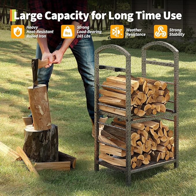 GarveeLife 30 Inch Firewood Rack Outdoor Indoor, High Outdoor Wood Racks for Firewood, Fire Wood Storage with Kindling Hooks, Large Metal Fireplace Log Rack Storage Carrier Organizer, Sliver