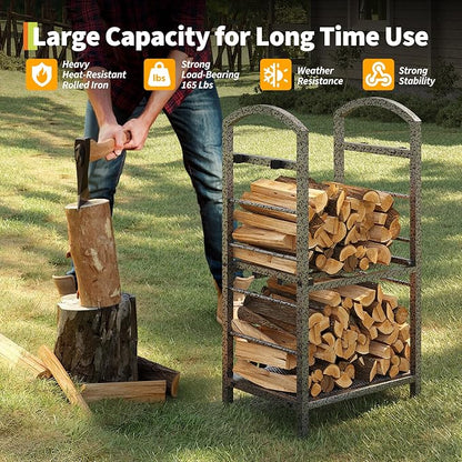 GarveeLife 30 Inch Firewood Rack Outdoor Indoor, High Outdoor Wood Racks for Firewood, Fire Wood Storage with Kindling Hooks, Large Metal Fireplace Log Rack Storage Carrier Organizer, Sliver