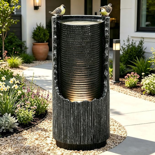 32" Cracked Jar Outdoor Water Fountain LED Bird Cascading Waterfall | 3D concrete texture, bird accents, garden patio deck,Oasis for Porch