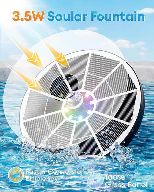 3.5W Solar Fountain,Upgraded 100% Glass Panel Solar Bird Bath Fountain with 2000mAh Battery,7 Color RGB LED Lights & 6 Nozzles,Solar Fountain for Bird Bath,Garden, Pond, Pool, Outdoor Decor(White)