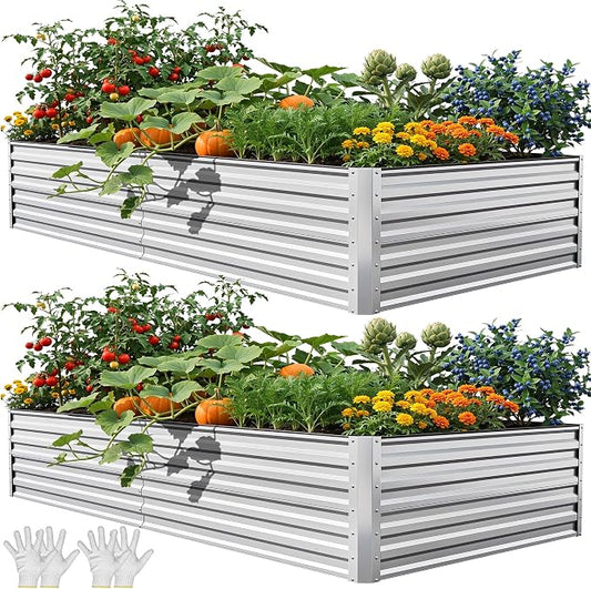 YITAHOME 8x4x2ft 2pcs Large Raised Garden Bed Kit, Galvanized Metal Planter Box with Gloves, Ground Nails & Safety Rubber, Outdoor Above Ground Planters for Plants Vegetables Flowers, Silver Gray