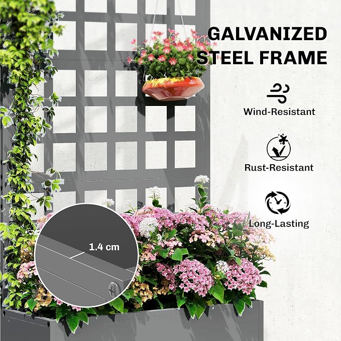 Outsunny Galvanized Raised Garden Bed with Trellis, Metal Planter Box with Drainage Holes, Outdoor Privacy Screen for Climbing Plants, Vegetable, Vines, 24" x 9" x 44.5", Gray