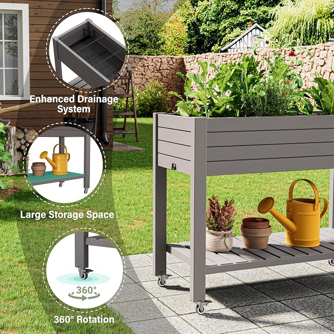 33.7" Tall Raised Garden Bed with Wheels, Divisible Resin Planter Box with Drainage Gauge & Storage Shelf, Herb Planter for Garden Patio Backyard, Medium Gray (33.7" h)