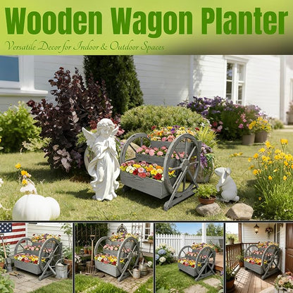 3 Tier Large Wooden Wagon Planter Box|Outdoor Planter/Flower Pot for Indoor&Outdoor Plants-Rustic Garden Planter for Patio,Porch&Garden Decor-Raised Garden Bed for Succulents,Herbs,Vegetables