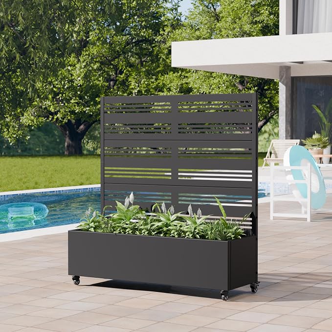 Casaphoria Metal Raised Garden Bed with Trellis and Wheels, 47"x47"x16" Planter Box for Climbing Plants, Vegetables & Vines, Features Drainage Holes and Privacy Screen (Black-Harold)