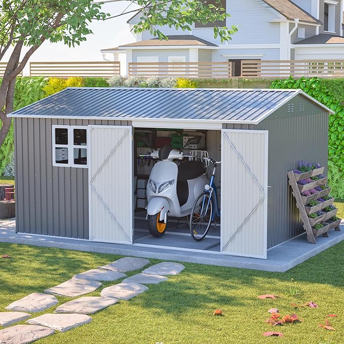 YOPTO 12x10 FT Outdoor Storage Shed, Large Metal Garden Tool Shed with Updated Frame Structure,Lockable Doors and Window,Ideal for Backyard Garden Patio Lawn, Grey