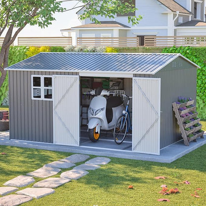 YOPTO 12x10 FT Outdoor Storage Shed, Large Metal Garden Tool Shed with Updated Frame Structure,Lockable Doors and Window,Ideal for Backyard Garden Patio Lawn, Grey