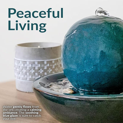 Sunnydaze Tabletop Ceramic Tabletop Fountain with Orb - Relaxing Indoor Fountain for Meditation - for Office, Bedroom, or Living Room - Teal