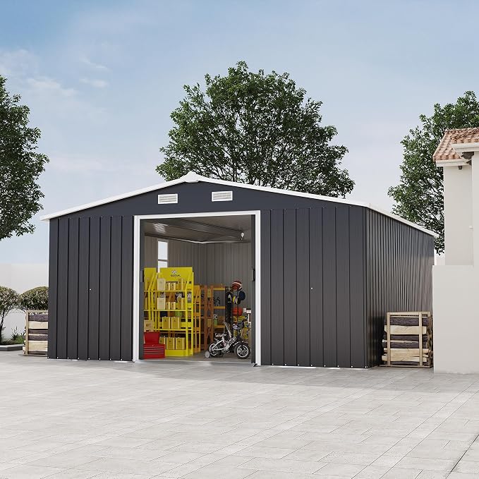 10x12 FT Outdoor Storage Shed Metal Garden Tool Shed with 2 Windows,Waterproof Tool Shed W/Sliding Door & Vents,for Bike Storage,Dark Gray