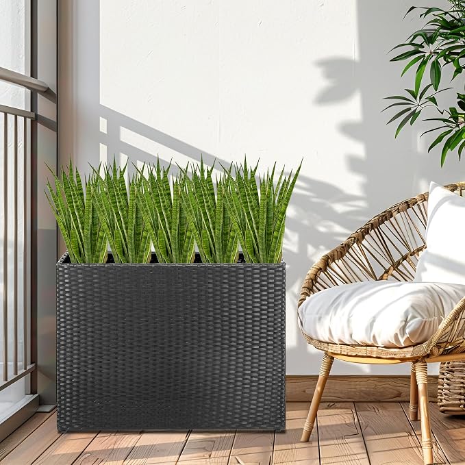 HPC Decor Planters, Plastic Planter for Outdoor Plants Handmade Wicker Large Rectangular Block Planter Box with Removable Liners, Modern Planter for Indoor Outdoor Patio Porch Deck.