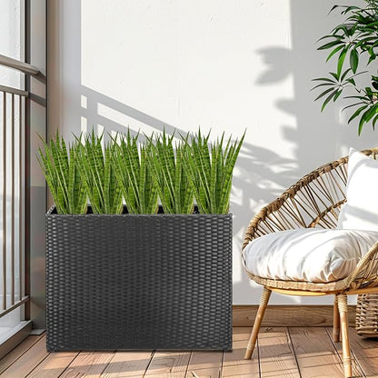 HPC Decor Planters, Plastic Planter for Outdoor Plants Handmade Wicker Large Rectangular Block Planter Box with Removable Liners, Modern Planter for Indoor Outdoor Patio Porch Deck.
